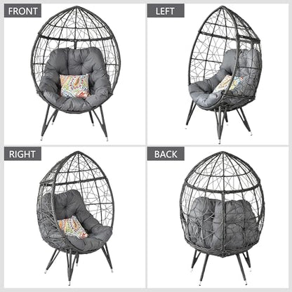 HLNPTN Patio Egg Chair Wicker Outdoor Egg Basket Chairs, Oversized Outdoor Furniture PE Rattan Patio Lounge Chair 440lb Capacity Sofa Seat with Stand & Gray Cushions for Indoor, Living Room,  - WoodArtSupply