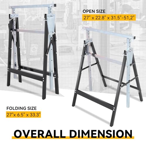 Auto Dynasty 2 Pack Saw Stand Sawhorse with Adjustable 7-Level Quick-Build Foldable Heavy Duty Miter Saw Horse Stand Max Capacity 440lbs, Black/Chrome Auto Dynasty