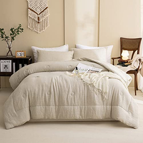 Merryword 100% Linen Comforter Set Queen Natural French Flax Linen Bedding Comforter Set Soft Breathable Moisture Wicking Comfy Bedding 3 Pieces Merryword