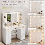 VQRhome White Vanity with Lighted 23.5” Mirror, Glass Top Vanity Desk with 9 Drawers & 3 Color Hollywood Bulbs & 4 Shelves & Acrylic & Power Outlet, Makeup Desk Dressing Table for Bedroom VQRhome