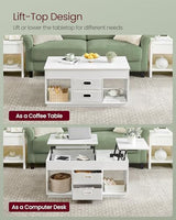 VASAGLE Coffee Table, Lift Top Coffee Table with 2 Drawers and Hidden Compartments, Center Table with Lift Tabletop, Open Compartments, for Living Room, Home Office, Snow White ULCT210W01 VASAGLE