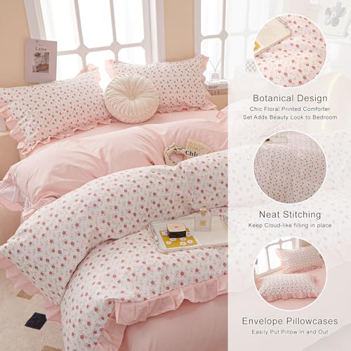 EAVD French Style Garden Pink Floral Comforter Set Full Girls Fluffy Soft Microfiber Chic Shabby Floral Bedding Set with 2 Pillowcases Fresh Ruffled Botanical Comforter Set for All-Season EAVD