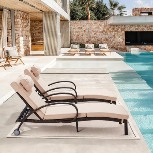 Lanonuvia Pool Outdoor Lounge Chairs Set of 2,Outdoor Chaise Lounge w/ 5 Adjustable Back,Wicker Patio Pool Lounge Chair with Wheels for Poolside Deck Lawn,Khaki