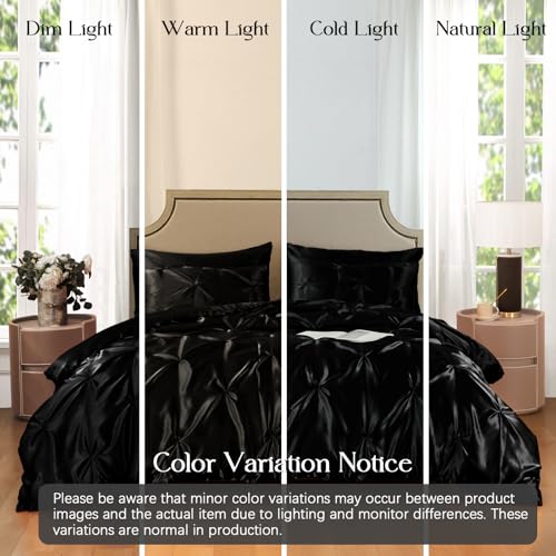 Heywaller 5-Piece Pinch Pleat Duvet Cover Set, Pintuck Duvet Cover Queen Size with Zipper, Black Satin Duvet Cover Shabby Chic Bedding (2 Pillow Shams + 2 Pillowcases), No Comforter Heywaller