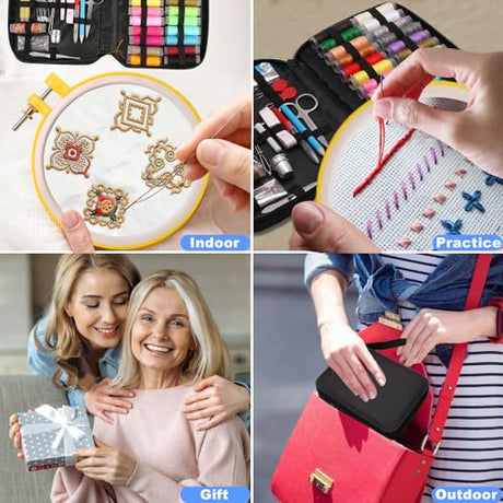 100 PCS Complete Embroidery Stitch Book Kit with Includes Step-by-Step Instructions, Hoops, Threads, Needles & Fabric, All-in-One Portable Starter Set for Adult Beginners & DIY Craft Enthusiasts Losaria