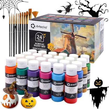 Artecho Acrylic Paint Set 24 Colors 2oz/59ml with 12 Brushes, Art Craft Paints Kit, Paint for Canvas, Rocks, Wood, Fabric, Ceramic and Art Supplies, Non Toxic Paint for Artists and Beginners - WoodArtSupply