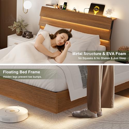 Feonase Floating Bed Frame Queen with Led Lights and Charging Station, Wood Full Size Bed Frame with Storage Headboard, Heavy Duty Metal Slats, No Box Spring Needed, Easy Assembly,Walnut Feonase