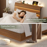 Feonase Floating Bed Frame Queen with Led Lights and Charging Station, Wood Full Size Bed Frame with Storage Headboard, Heavy Duty Metal Slats, No Box Spring Needed, Easy Assembly,Walnut Feonase
