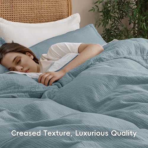 PHF 100% Natural Cotton Muslin Duvet Cover Set King Size, Ultra Soft Breathable Absorbent, Luxurious Minimalist Gauze Bedding for All Season, Duvet Set with 2 Pillow Shams, 104" x 90", Dusty Blue PHF