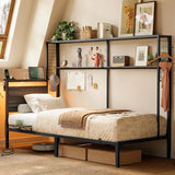 VASAGLE Twin Size Metal Bed Frame with Headboard, Multifunctional Storage, Built-in LED Lights, Charging Station, Bookshelf, Bedside Shelf, Space-Saving, No Box Spring Needed, Ash Brown URMB963K01 VASAGLE