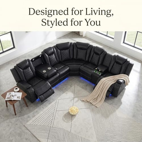 Bicerkib Leather Sectional Sofa with Recliner,Power Recliner Sectional Couches for Living Room Furniture Sets,Leather L Shaped Reclining Sofa with LED Lights/Storage Console/Cup Holders,Black Bicerkib