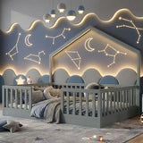 Mirightone Full Floor Bed with High Rails, Wooden Montessori Bed Frame with Single Color Light and House Shape Design, Low Profile Beds for Kids, Boys and Girls, Grey Mirightone