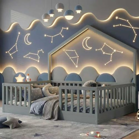 Mirightone Full Floor Bed with High Rails, Wooden Montessori Bed Frame with Single Color Light and House Shape Design, Low Profile Beds for Kids, Boys and Girls, Grey Mirightone