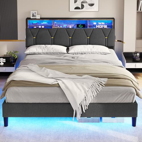 BTHFST LED Queen Bed Frame with USB Ports, Storage Headboard & Sturdy Upholstered Design in Dark Grey - WoodArtSupply