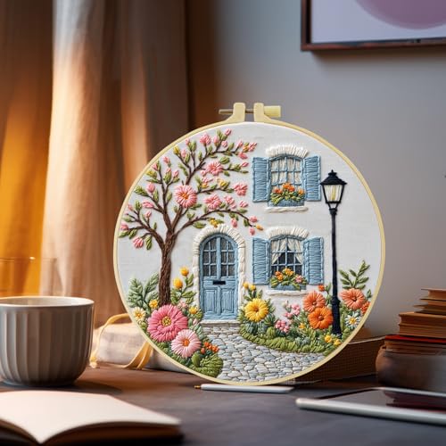 Country cottage with Flowers Embroidery Kits,Adults DIY Handmade Hand Embroidery Starter Kits with Stamped Embroidery Pattern,for Beginners Starter Lover Hand Stitch with Embroidery Skill Techniques