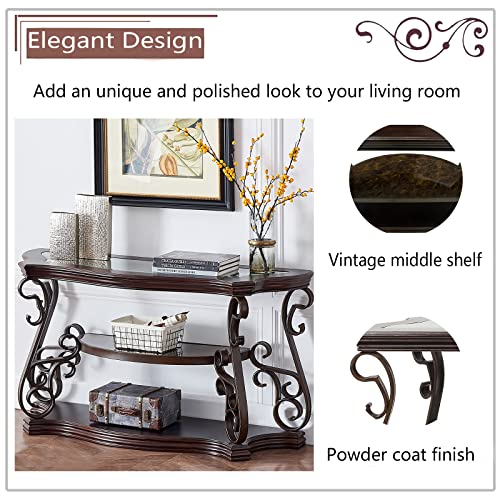Goujxcy Elegant Retro Console Table, 3-Tier Traditional Rectangle Sofa Table with Tempered Glass Top, Mid-Marble Shelf, Vintage Accent Entryway Table for Living Room Hallway, Easy Assembly Goujxcy