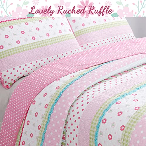Cozy Line Home Fashions Pink Polka Dot Flower Girl 100% Cotton Reversible Quilt Bedding Set, Coverlet, Bedspread (Greta Pastel, Queen - 3 Piece: 1 Quilt + 2 Shams) Cozy Line Home Fashions