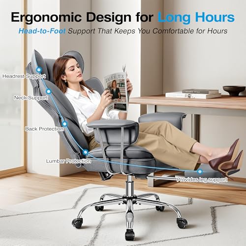ALLGOD Office Chair Comfy, Big and Tall Executive Leather Chair, High Back Ergonomic Wide Chair with Footrest, Reclining Computer Desk Chair, Heavy Duty Gaming Chair with Padded Arm and Pillow, Grey ALLGOD