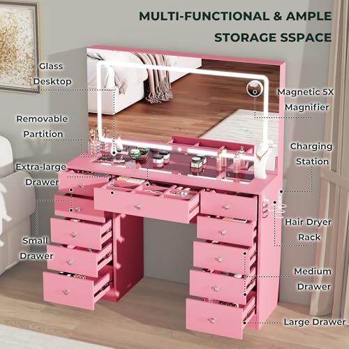 Furnivado Vanity Mirror with Lights, Vanity with Lighted Mirror, 11 Drawers Makeup Vanity Desk with 3 Lighting Modes Adjustable Brightness, Pink Vanity with Glass Top for Bedroom Furnivado