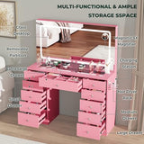 Furnivado Vanity Mirror with Lights, Vanity with Lighted Mirror, 11 Drawers Makeup Vanity Desk with 3 Lighting Modes Adjustable Brightness, Pink Vanity with Glass Top for Bedroom Furnivado