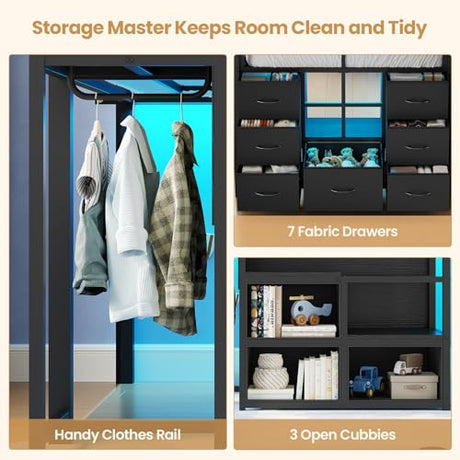 BTHFST Low Loft Bed Twin Size with Stairs & LED Lights, Kids Loft Bed with 7 Storage Drawers & 3 Open Cubbies & Handy Clothes Rail, Twin Loft Bed with Safety Guardrail, Under-Bed Play Area, Black BTHFST