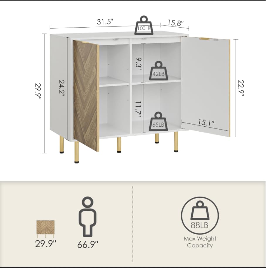 Masupu Storage Cabinet with Adjustable Shelves,Buffet Cabinet with Storage,Free Standing Accent Cabinet,Sideboard Cabinet with Two Doors and Adjusting Feets for Living Room,Bathroom,Hallway,W - WoodArtSupply