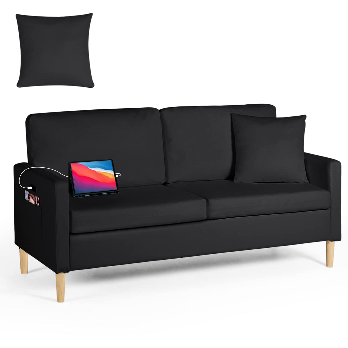 AILEEKISS 66" W Loveseat Sofa with 2 USB Mid Century Modern Love Seats PU Leather Furniture Tufted Upholstered Love Seat Couch for Living Room Office Apartment Bedroom (3-Seater, Black) AILEEKISS