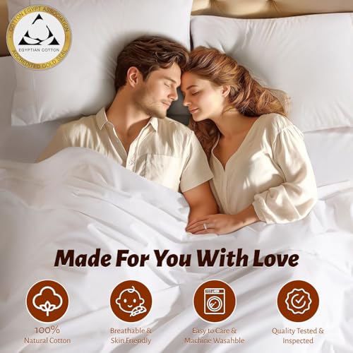 Shilucheng 100% Egyptian Cotton Queen Size Sheets Set - 1000 Thread Count，Luxury Cotton Bed Sheets，Breathable & Cooling Bedding and Pillow Cases, 16 Inch Deep Pocket - 4 Piece (White, Queen) Shilucheng