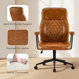 Furnistyle Leather Home Office Desk Chairs, Comfy Office Chair, Mid Century Modern Office Chair with Lumbar Support, Mid-Back Adjustable Swivel Computer Chair with Wheels and Arms, Brown Furnistyle