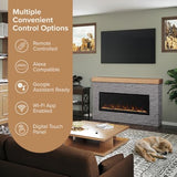 Modern Ember Wyman Linear Grey Stone Mantel Package with 50" Smart Electric Fireplace Heater Insert | Alexa/WiFi Enabled | Multi-Flame Colors & Brightness Modern Ember