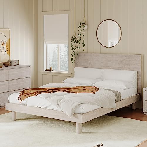 Merax Stone Gray Modern Farmhouse Queen Platform Bed with High Headboard and Sturdy Solid Wood Frame - WoodArtSupply