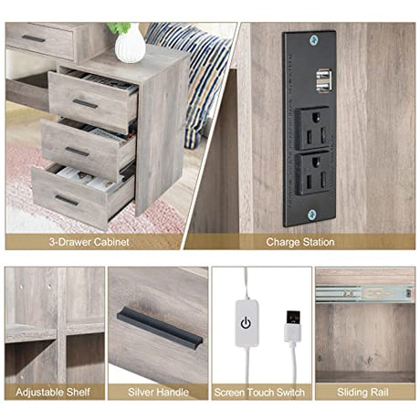 VINGLI Vanity Desk with Sliding Mirror & Lights & Charging Station & Drawers & Shelves, Farmhouse Modern Makeup Vanity Set with Stool for Bedroom VINGLI