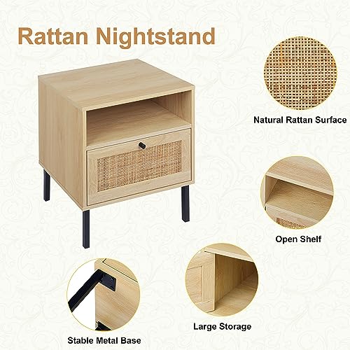 Boho Rattan Nightstands Set of 2 with Door, Open Shelf & Metal Legs