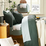 Geniospin Queen Comforter Set - 7 Pieces Dark Green Bedding Set, Botanical Textured Comforter Bed Set, All Season Lightweight Bed in a Bag with Comforter, Sheets, Pillowcases & Shams Geniospin