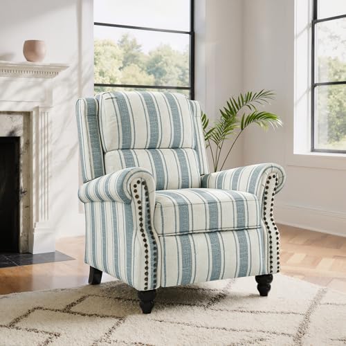 Blissabod Pushback Recliner Chair, Striped Fabric Wingback Recliner Chair, Upholstered Push Back Armchair Recliner, Single Sofa with Trim Wood Legs for Living Room (Blue)
