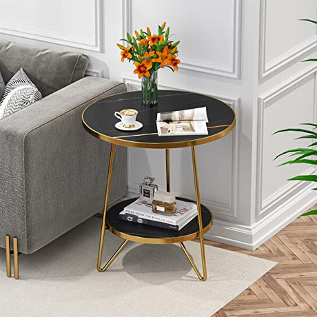 Tribesigns Faux Marble End Table, 2 Tier Round Side Table with Shelves, Modern Black Nightstand Bedside Table Small Coffee Accent Table for Living Room Bedroom, Black and Gold Tribesigns