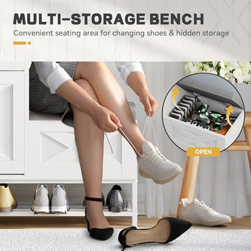 DWVO Farmhouse Shoe Cabinet Bench with 2 Flip Drawers for 16 Pairs, Chic Entryway Bench and Rustic Design for Living Rooms and Hallways (White) DWVO