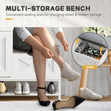 DWVO Farmhouse Shoe Cabinet Bench with 2 Flip Drawers for 16 Pairs, Chic Entryway Bench and Rustic Design for Living Rooms and Hallways (White) DWVO