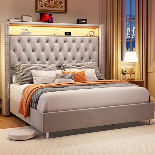 Jocisland King Bed Frame with LED Lighting and Charging Station - Velvet Tall Upholstered Platform with Wingback Headboard - WoodArtSupply