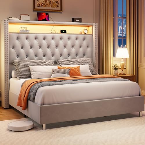 Jocisland Gray Velvet Queen Bed Frame with LED Lights & Charging Station Jocisland