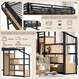 Bellemave Queen Loft Bed Frame with Storage Stairs, Beside Shelf & Wardrobe, Metal Queen Size Loft Bed with USB Ports&LED Light, Large Under-Bed Space Loft Beds for Adults,Teens, Kids, Black Natural Bellemave