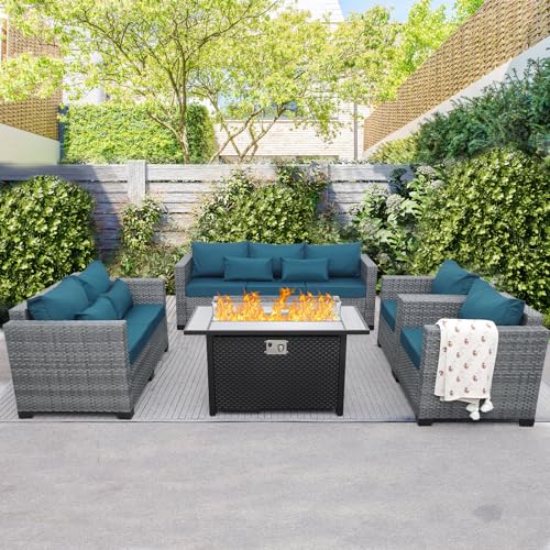Lviden 5 Piece Wicker Patio Furniture Sets Outdoor Conversation Set, PE Rattan Sectional Sofa Couch with 45" Fire Pit Table and Non-slip Peacock Blue Cushions, Furniture Covers included Lviden