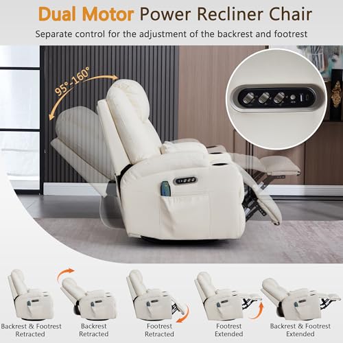 Dual Motor Power Swivel Rocker Recliner Chair with Heat and Massage,Electric Glider Rocking Chairs for Nursery,Theater Seating with LED Lights, USB A/USB C Ports for Living Room (1, Beige)