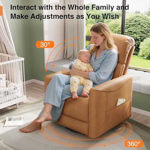 Welzona Power Swivel Rocker Recliner, 360° Swivel Nursery Rocking Chair, PU Leather Glider Rocking Recliner, Infinite Position Electric Chair for Adults with USB Port for Living Room, Brown
