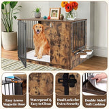 Dog Crate Furniture with Cushion for Large Dogs, 36" Indoor Wooden Dog Kennel with 270° Swivel Door, 360° Rotating Feeder, Decorative Heavy Duty Dog House with Double Locks & Bowls, Rustic Brown TBWIND