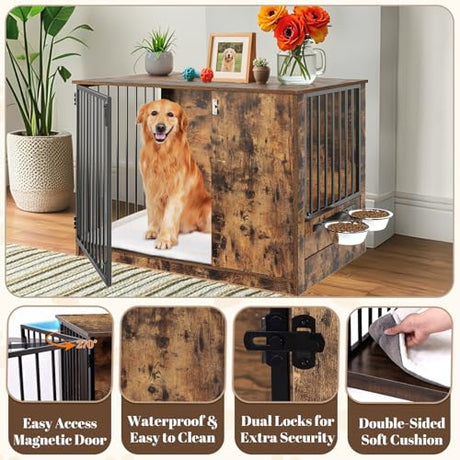 Dog Crate Furniture with Cushion for Large Dogs, 36" Indoor Wooden Dog Kennel with 270° Swivel Door, 360° Rotating Feeder, Decorative Heavy Duty Dog House with Double Locks & Bowls, Rustic Brown TBWIND