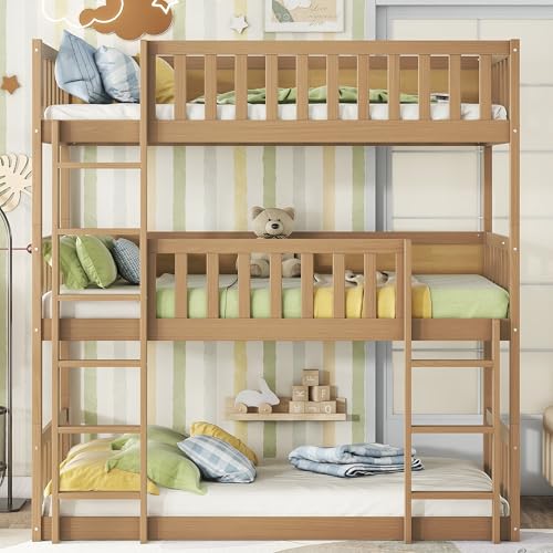 Triple Bunk Bed for Kids ,Wood 3-in-1 Twin Bunk Beds, Convertible to 3 Separate Beds, Solid Rubber Wood Construction, Safety Guardrails & Dual Ladders ,Space-Efficient Vertical Design,White Oak MoproBeti