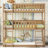 Triple Bunk Bed for Kids ,Wood 3-in-1 Twin Bunk Beds, Convertible to 3 Separate Beds, Solid Rubber Wood Construction, Safety Guardrails & Dual Ladders ,Space-Efficient Vertical Design,White Oak MoproBeti