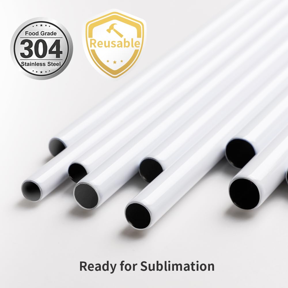 PYD Life 10 PCS Sublimation Reusable Drinking Stainless Steel Metal Straws Blanks White 0.5" x 12.4" for 42 OZ Yeti Mugs Boba Coffee Cups Tumblers PYD Life