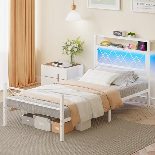 Weehom Twin Bed Frames with Headboard, Metal Bed Frame with 2-Tier Shelves Storage, Modern Twin Platform Bed with Charging Station & LED Lights - No Box Spring Needed, White Weehom